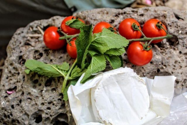 Camembert, tomatoes, and mint.